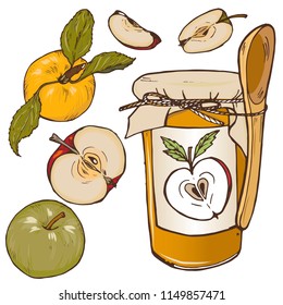 Whole apples, cut into halves and slices, , jam in a jar, set, vector illustration