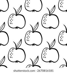 whole apples seamless pattern drawn in simple black line art on white background for textile wrapping wallpaper packaging concept of fruit nutrition, food market, organic lifestyle