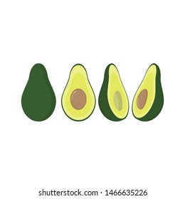 Whole avocado and cut avocado, view straight and at an angle. Vector illustration.