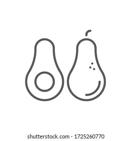 Frutas enteras de aguacate y mitades de símbolos vectoriales frutas aisladas en fondo blanco