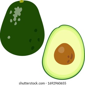 Whole avocado fruit and a sliced avocado fruit
