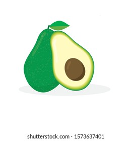 A whole avocado and its half with a bone isolated on a white background. Vector illustration, flat.
