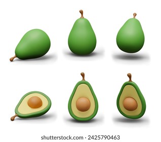 Whole avocado and half in different positions. Set of green fruits on white background
