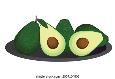 Whole avocado and half with seed in fruit plate. Vector illustration.