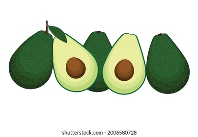 Vocado entero y mitad con semilla aislada en fondo blanco. Ilustración vectorial.