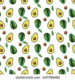 Vocado entero con hoja y mitad con semilla aislada en fondo blanco. Ilustración vectorial. Patrón