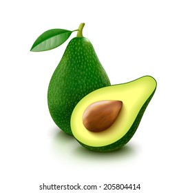 Ganzes Avocado mit Blatt und Hälfte mit Samen einzeln auf weißem Hintergrund. Vektorgrafik.