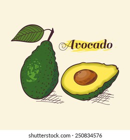 Whole avocado with leaf and slice vector illustration