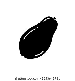A whole avocado shown as a solid black silhouette icon. A simple graphic representing healthy fats, vegan food, or superfoods.