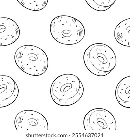 Whole bagel with sesame black white vector seamless pattern isolated. Doughnut bread hand drawn by ink line art. Bread ring monochrome sketch on repeat texture for design textile, packaging bakery.