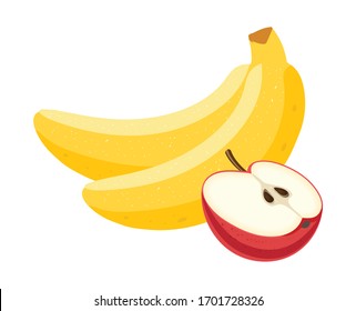 Whole banana with half, slices and leaves isolated on white background. Vector illustration.