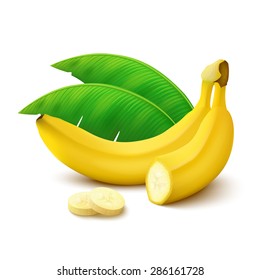 Whole Banana With Half, Slices And Leaves Isolated On White Background. Vector Illustration.