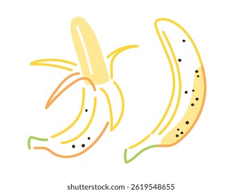Whole banana and peeled banana with brown spots drawn in minimalistic doodle style. Healthy eating and tropical fruit concept for design and print. Flat lay composition
