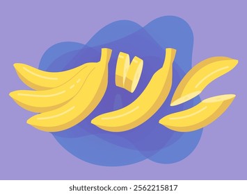 Whole banana and slices vector illustrations set. Collection of cartoon drawings of yellow fruit with peel cut in half on purple background. Food, nutrition, diet concept