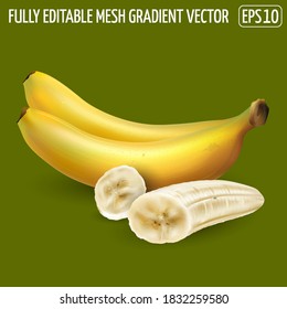 Whole bananas and peeled slices on a dark green background.