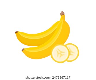 Whole bananas and slices. Vector cartoon flat illustration. Ripe tropical fruits. Food icon.