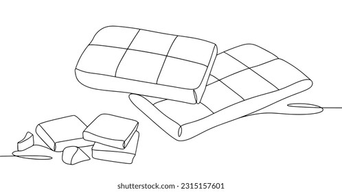 Whole bar of chocolate and pieces of chocolate. World Chocolate Day. One line drawing for different uses. Vector illustration.