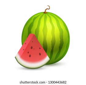 Whole beautiful Watermelon with a slice section of ripe fruit. Great vector icon of tasty fruit isolated on white.