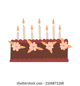 Un pastel de cumpleaños con flores, crema y velas. La comida es dulce, la bollería. Elemento decorativo para el día de San Valentín, cumpleaños. Ilustración vectorial de color plana simple aislada en fondo blanco