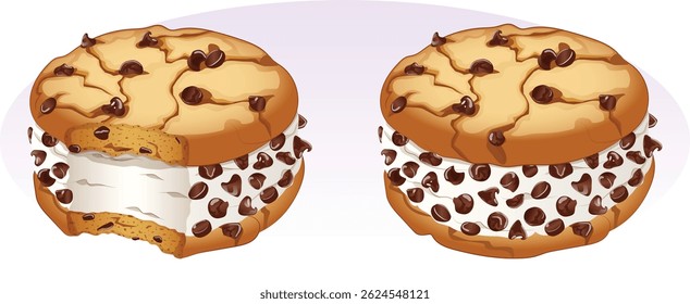 Whole and Bitten Chocolate Chip Cookie Ice Cream Sandwiches. Popular American Summer Dessert Detailed Illustration