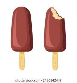 Whole and bitten Chocolate ice cream on a stick. Delicious dessert Cool refreshing dessert. Hand drawn flat style cheerful and summery appearance, whipped frozen chocolate cream. Vector illustration 