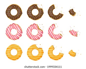Whole and bitten donuts flat vector illustration set. Top view of doughnuts with chocolate and strawberry glaze. Design for bakery menu, shops. Food, cake, dough, soft snack concept