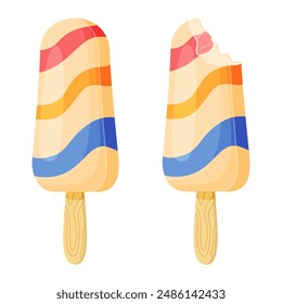 Whole and bitten Fruit Ice cream on wooden stick. Colorful cold summer dessert with wavy stripes. Frozen juice Hand drawn flat style isolated, cheerful and summery appearance. Vector illustration