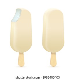 Ilustración vectorial esquimo de helado entero y mordido. Popsicles recubiertos de chocolate blanco con bastón de madera aislado sobre fondo blanco.