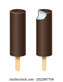 Whole and bitten ice cream Eskimo vector illustration. Popsicles covered with chocolate with wooden stick isolated on white background.