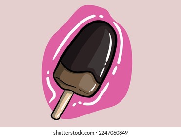 Whole and bitten ice cream hand drawn vector illustration. Popsicles covered chocolate with wooden stick isolated on background.