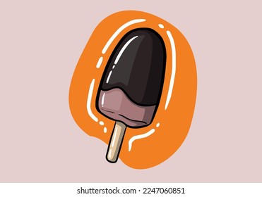 Ilustración vectorial de helado entero y mordido dibujado a mano. Pollos cubiertos de chocolate con palo de madera aislados en el fondo.