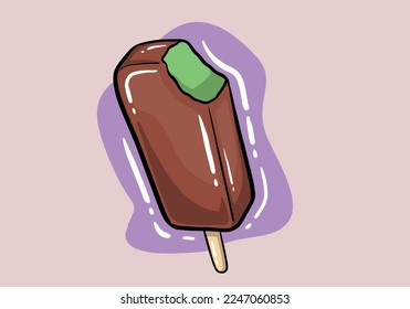 Ilustración vectorial de helado entero y mordido dibujado a mano. Pollos cubiertos de chocolate con palo de madera aislados en el fondo.