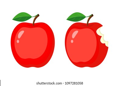 Whole and bitten red apples. Vector illustration isolated on white background.