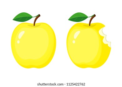 Whole and bitten yellow apples. Vector illustration isolated on white background.