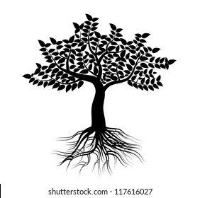 whole black tree with roots isolated white background vector