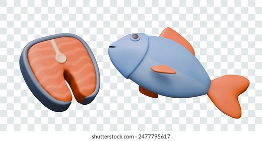 Whole blue fish and steak. Isolated vector templates in realistic style