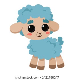 The whole body of a cute little blue lamb or lamb on a white background. Suitable for children's clothing, textiles or rooms. Vector illustration in cartoon style.