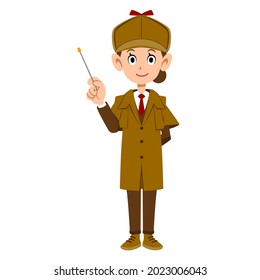 The whole body of a female detective with a pointer