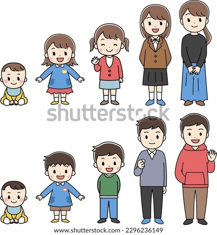 Whole body illustration of the growth process from child to adult, girl, boy