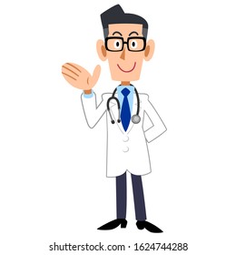 The whole body of a male doctor guiding