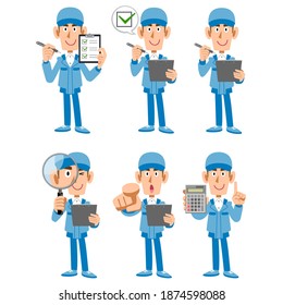 Whole body of a man in blue work clothes with a magnifying glass and documents