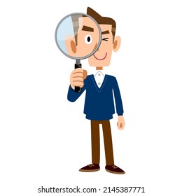 The whole body of a man looking through a magnifying glass
