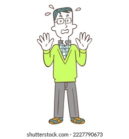 The whole body of a man wearing glasses in a hurry