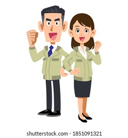 Whole body of men and women wearing work clothes that guts pose back to back