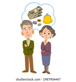 The whole body of a senior couple who is worried about money