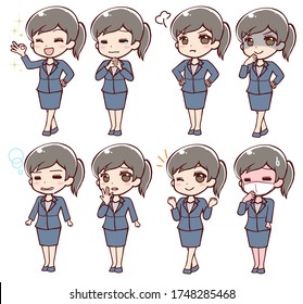 A whole body set of various facial expressions of an anime-style female office worker