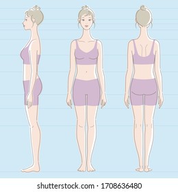 Whole body of white skinned female. Front, side, and back.  Vector illustration.