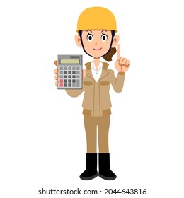 The whole body of a woman at a construction site holding a calculator and raising her index finger