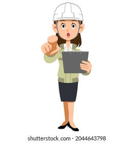 The whole body of a woman in a helmet-wearing construction shop, holding a document and pointing her finger