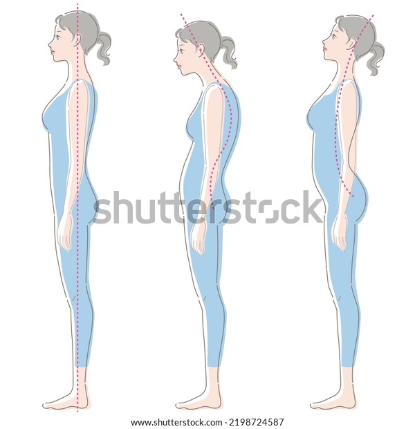 Whole body of young woman.\
Good posture, bad posture. Vector illustration isolated on white\
background.
